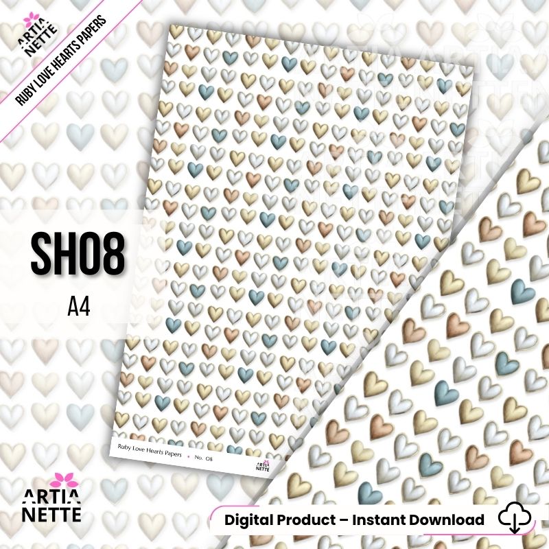 Papiery scrapbookowe A4 z sercami – zestaw 8 teł vintage | Ruby Love Hearts