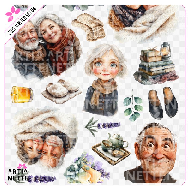9 Clipartów PNG + 1 A4 "Cozy Winter Set 04". Akwarelowa kolekcja seniorów: portrety starszych par, lawenda, chatka, kubki i napisy "Dom jest tam, gdzie jesteś Ty"
