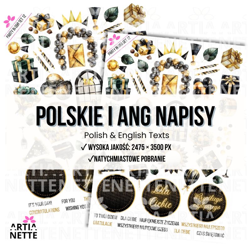 Party in Gold & Black SET 12 - Arkusz A4 + 28 Oddzielnych Clipartów PNG Urodzinowe elementy