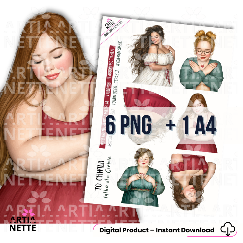 Kobiece ilustracje – postacie kobiet | Arkusz do wycinania A4 + 6 grafik PNG | Kolekcja Ruby Love Extra