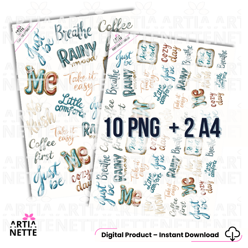 Napisy kawowe do scrapbookingu – Just Be, Coffee First | 10 PNG + 2 arkusze A4 Ruby Love Extras 05