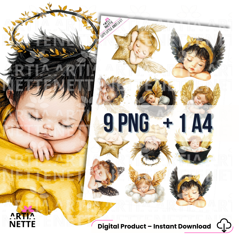 Cute Sleeping Angels SET 01 – akwarelowe ilustracje śpiących aniołków | dziecięce anioły | grafiki do druku