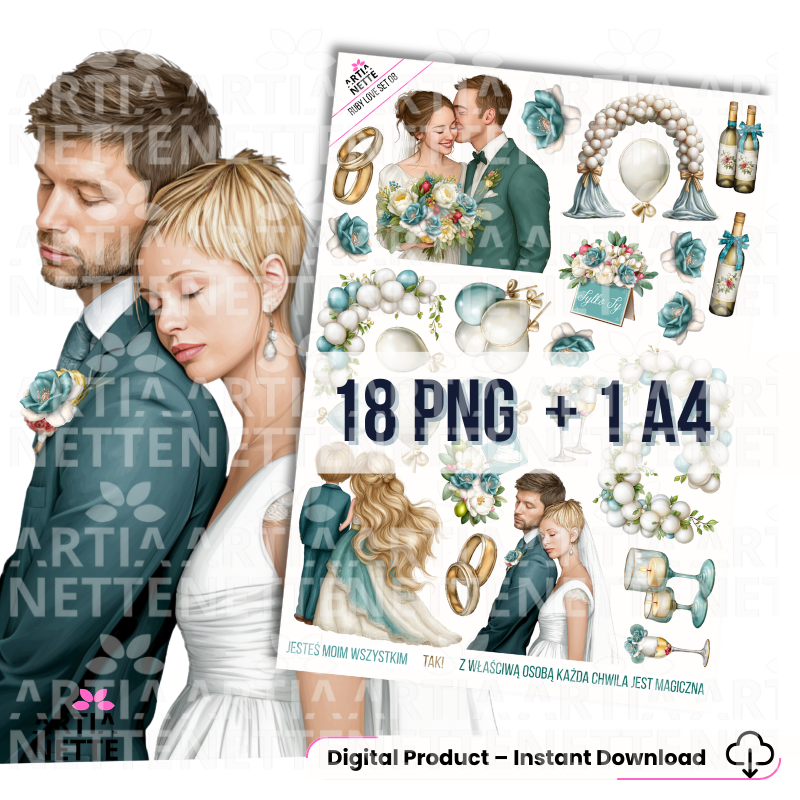 Ruby Love SET 08 – Набір PNG-графіки для весілля бірюзового та золотого кольорів