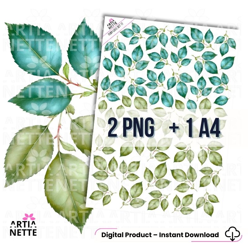 Листя троянди - PNG кліпарт для скрапбукінгу + аркуш А4 | Набір Ruby Love, 13