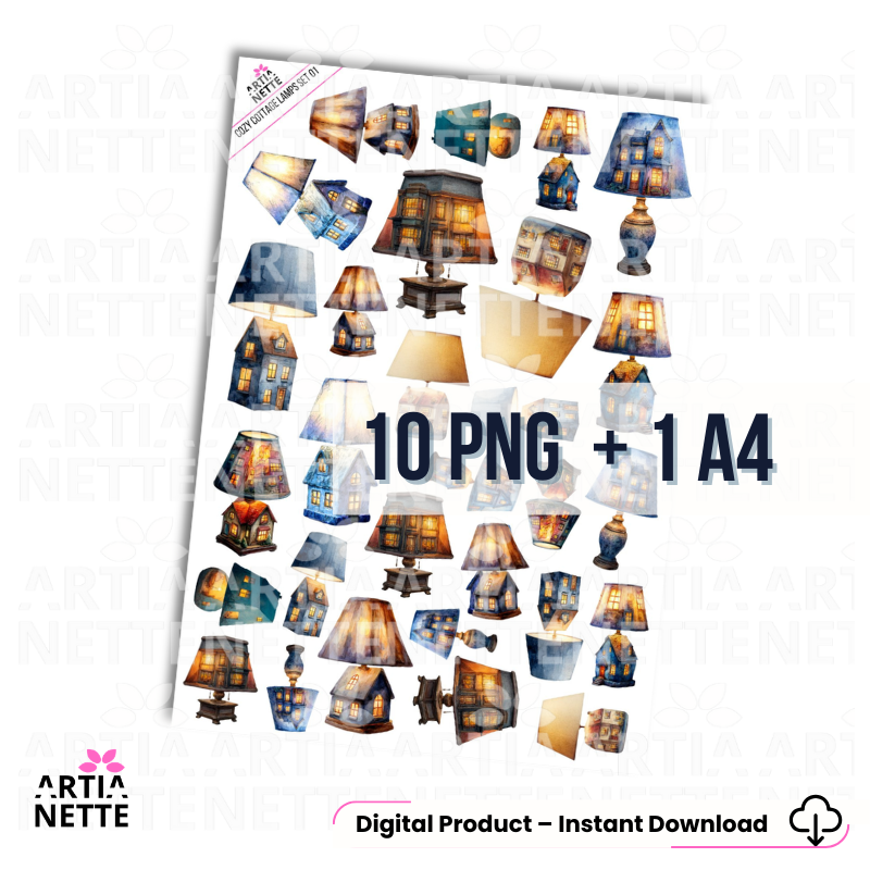 Lampy z domkami – ilustracje cozy cottage | Arkusz A4 do wycinania + 10 PNG
