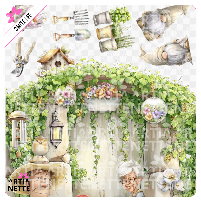 Simple Life - SET 04 - Grafiki PNG i arkusz A4 - Ogród domem, ogrodnictwo, skrzaty