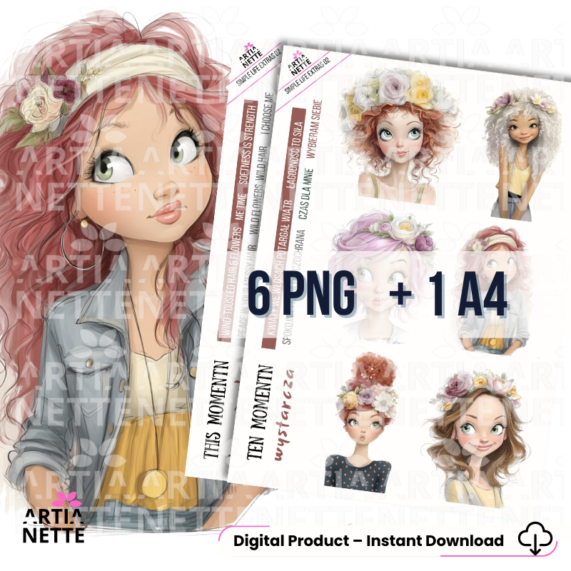 Girl portrait clipart PNG z napisami PL i ENG – Simple Life Extras 02