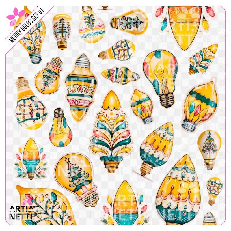 15 Clipartów PNG + 1 A4 "Merry Bulbs Set 01". Akwarelowe żarówki i bombki świąteczne zdobione w etniczne, ludowe wzory w kolorach żółtym, złotym i turkusowym.