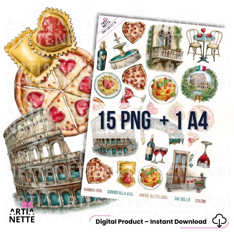 Grafiki inspirowane Włochami: pizza w kształcie serca, makaron, kieliszki wina, balkon włoski oraz Koloseum – zestaw Italy clipart PNG.