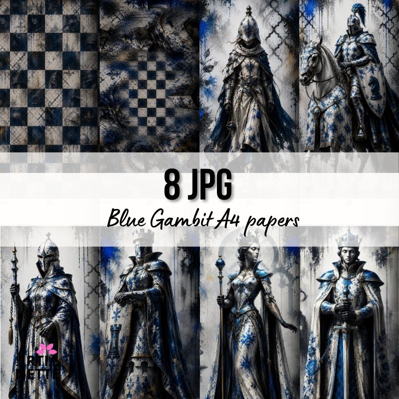 Papiery cyfrowe szachy fantasy A4 z figurami szachowymi i szachownicą do scrapbookingu