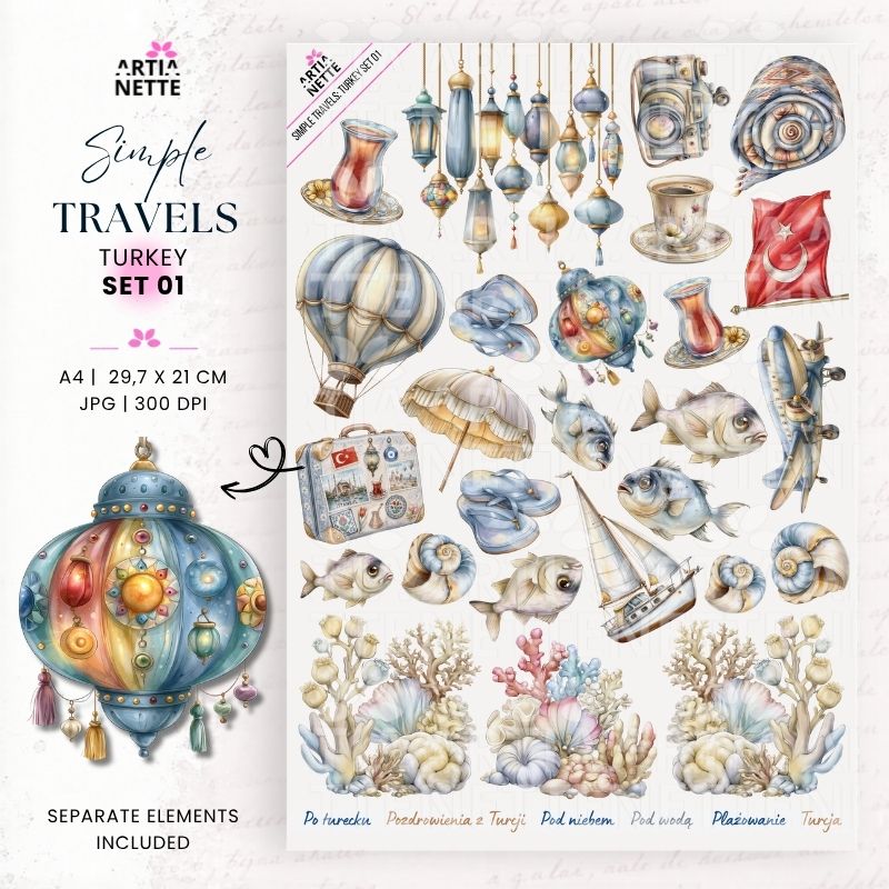 Turcja i orientalne podróżnicze ilustracje PNG + arkusz A4 do wycinania – Simple Travels Turkey Set 01