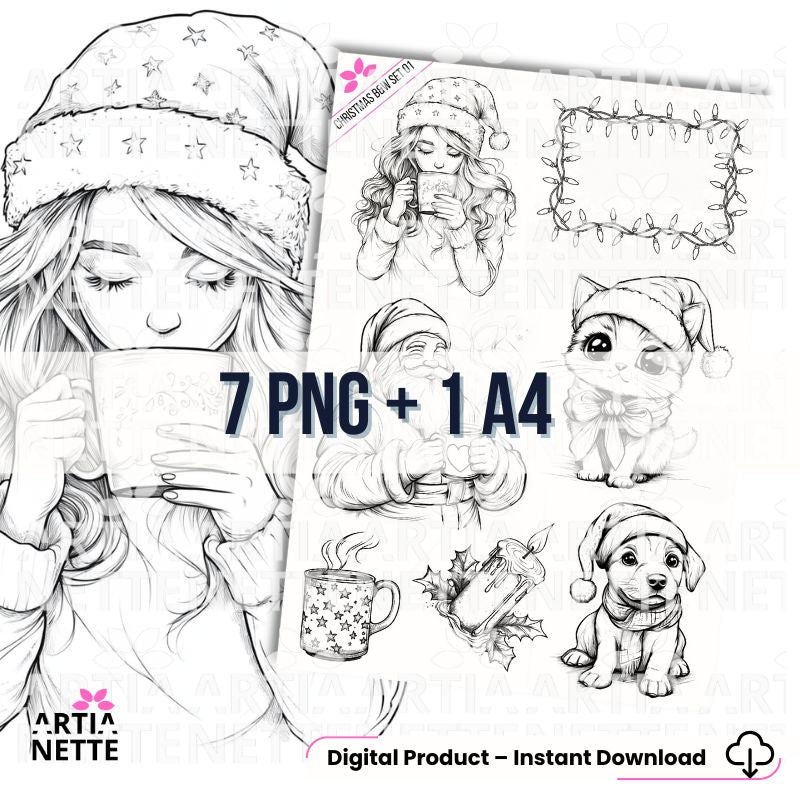 Clipartów PNG + 1 A4 "Christmas B&W Set 01". Grafiki liniowe do kolorowania: dziewczyna z kubkiem, Mikołaj, szczeniak, kotek i ramka ze światełek. Zestaw Black & White. stemple do kolorowania, digi stemple
