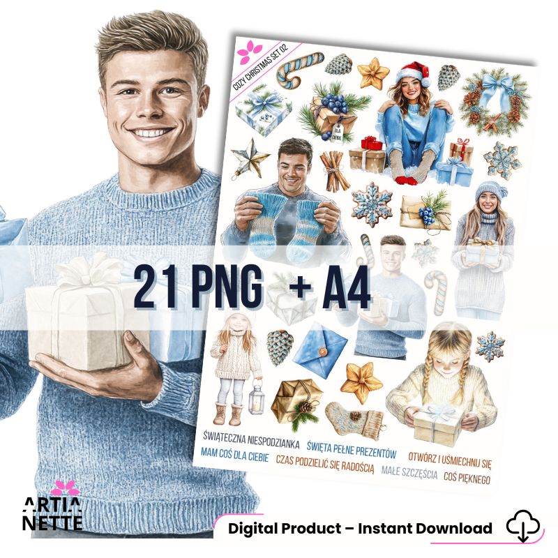 21 Clipartów PNG "Cozy Christmas Set 02" w stylu akwareli. Grafiki przedstawiają dorosłe i dziecięce postacie, prezenty, niebieskie śnieżynki i wieńce. Zestaw zawiera również arkusz A4 do druku.