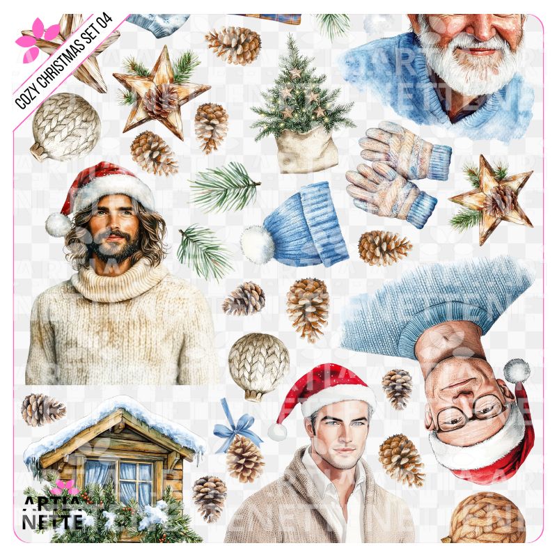 19 Clipartów PNG "Cozy Christmas Set 04". Akwarelowe grafiki męskich postaci w świątecznych czapkach, zimowych ubrań, choinek i domków. Zestaw zawiera polskie teksty świąteczne.