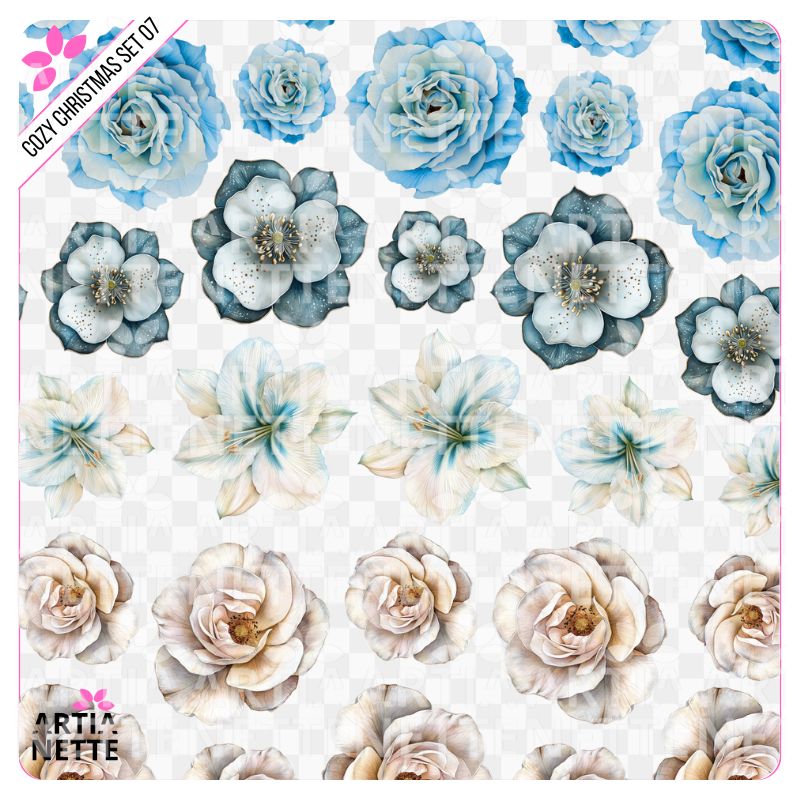 6 Clipartów PNG "Cozy Christmas Set 07". Akwarelowe, zimowe kwiaty, niebieskie róże, białe kwiaty i liście w delikatnej kolorystyce. Zestaw zawiera gotowy arkusz A4.