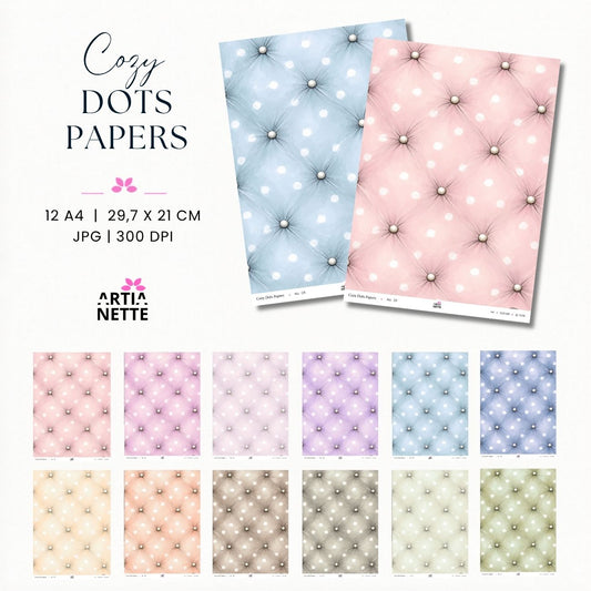 12 pastelowych pikowanych teł w groszki w odcieniach różu, błękitu, lawendy, beżu i zieleni – Cozy Dots Papers