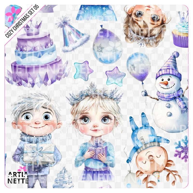 20 Clipartów PNG "Frozen Winter Set 01". Akwarelowe grafiki dziewczynki, bałwana, zimowego renifera, tortów i prezentów w błękitno-fioletowej kolorystyce. Zestaw idealny na zimowe urodziny.