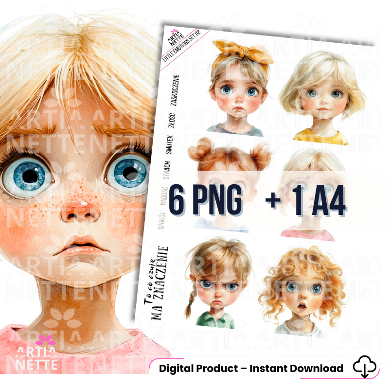 Little Emotions SET 02 – akwarelowe ilustracje emocji dziecka, realistyczne portrety dzieci, grafiki PNG i arkusz A4 do edukacji emocjonalnej. Digital download.