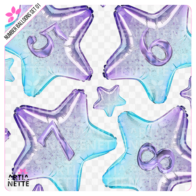 11 Clipartów PNG Number Balloons Set 01. Balony w kształcie gwiazd z cyframi (od 0 do 9) w holograficznym fioletowo-niebieskim kolorze. Idealne do zaproszeń urodzinowych.