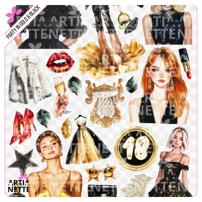 22 Cliparty PNG "Party in Gold & Black Set 06". Akwarelowe grafiki modnych kobiet, numer 18, torebek, szpilek i złotych akcesoriów. Zestaw idealny na 18. urodziny.