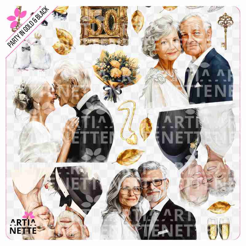 21 Clipartów PNG "Party in Gold & Black Set 11". Akwarelowe grafiki par seniorów, numer 50, tortów, kieliszków i złotych akcesoriów. Zestaw idealny na Złote Gody i rocznice ślubu.