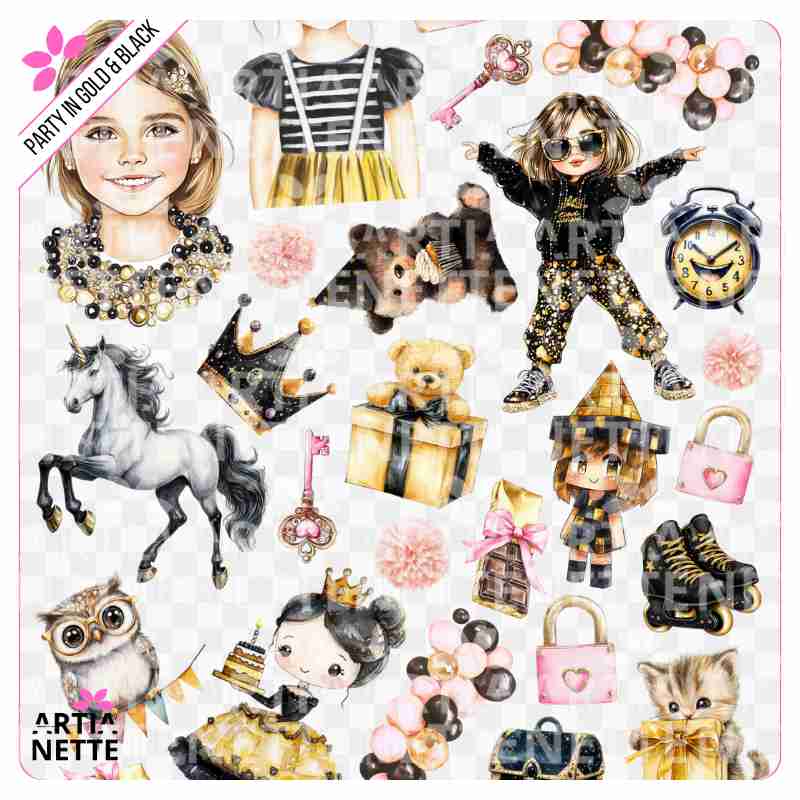 24 Cliparty PNG "Party in Gold & Black Set 04". Akwarelowe grafiki dziewczynek w złotych i czarnych sukienkach, baletnicy, tortów, koron i akcesoriów imprezowych. Zestaw zawiera arkusz A4.