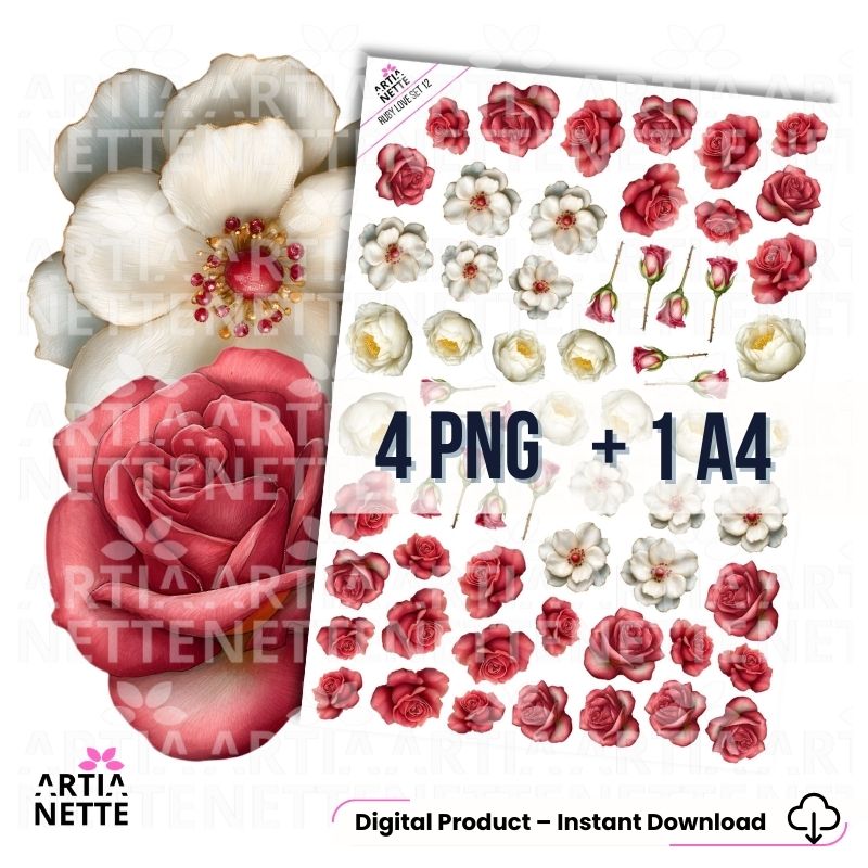 Kliparty róże vintage do scrapbookingu PNG arkusz A4 Ruby Love.