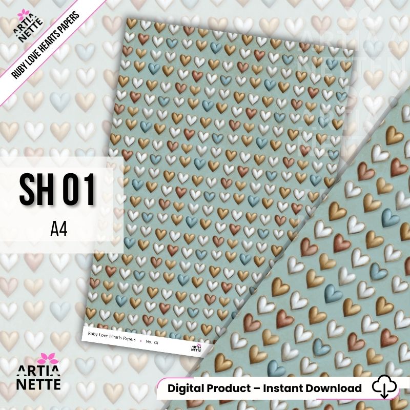 Papiery scrapbookowe A4 z sercami – zestaw 8 teł vintage | Ruby Love Hearts