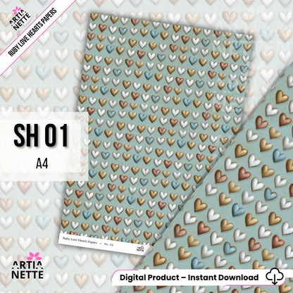 Papiery scrapbookowe A4 z sercami – zestaw 8 teł vintage | Ruby Love Hearts