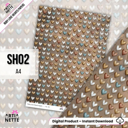 Papiery scrapbookowe A4 z sercami – zestaw 8 teł vintage | Ruby Love Hearts