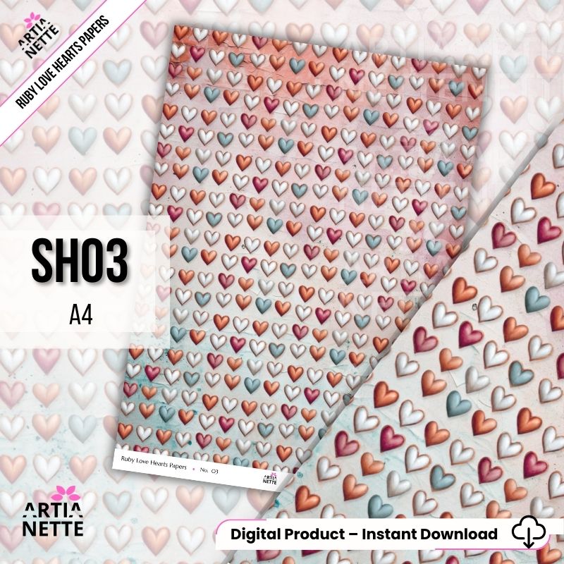 Papiery scrapbookowe A4 z sercami – zestaw 8 teł vintage | Ruby Love Hearts