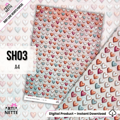 Papiery scrapbookowe A4 z sercami – zestaw 8 teł vintage | Ruby Love Hearts