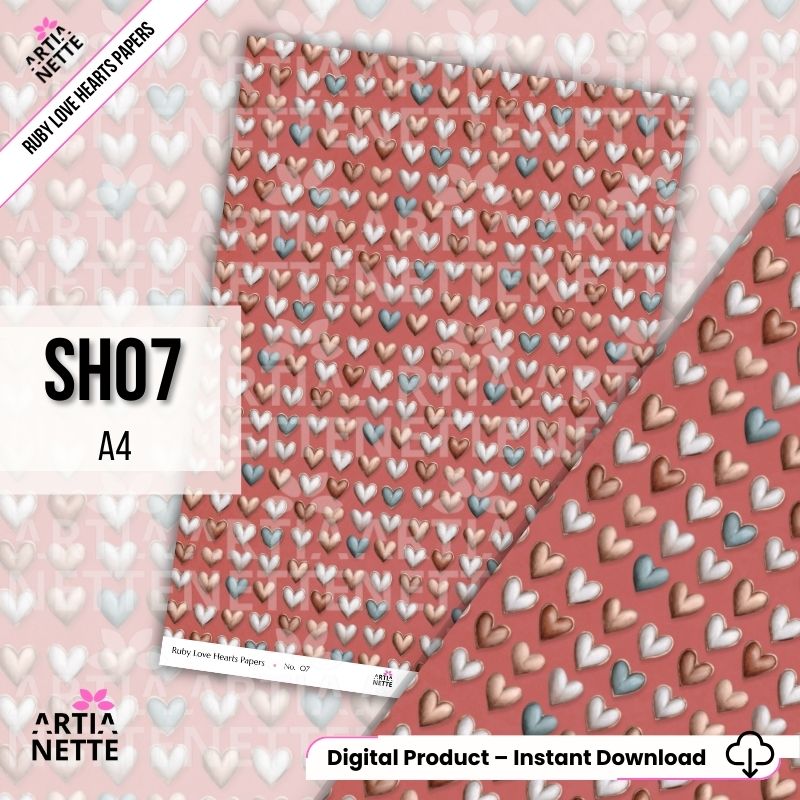 Papiery scrapbookowe A4 z sercami – zestaw 8 teł vintage | Ruby Love Hearts