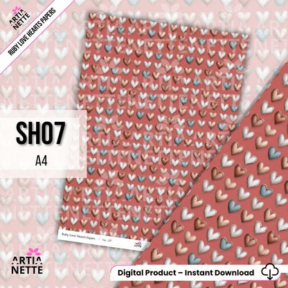 Papiery scrapbookowe A4 z sercami – zestaw 8 teł vintage | Ruby Love Hearts