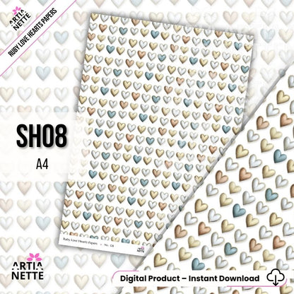 Papiery scrapbookowe A4 z sercami – zestaw 8 teł vintage | Ruby Love Hearts