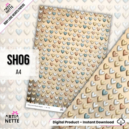 Papiery scrapbookowe A4 z sercami – zestaw 8 teł vintage | Ruby Love Hearts