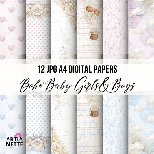 Boho Baby Digital Papers JPG A4 pastelowe papiery cyfrowe dla dzieci w stylu boho