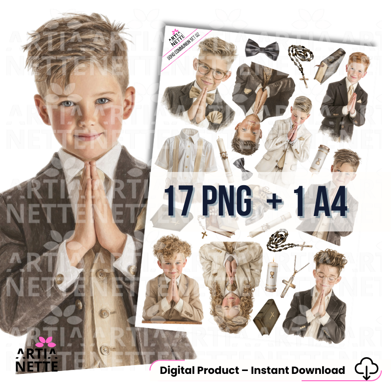 Boho Communion SET 02 – grafiki komunijne PNG w stylu boho, chłopcy komunijni, 17 elementów i arkusz A4 na przezroczystym tle