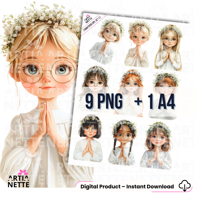 Zestaw grafik Communion Girl – Set 02, dziewczynki komunijne w okularach, ilustracje PNG na przezroczystym tle, arkusz A4 i pojedyncze postacie