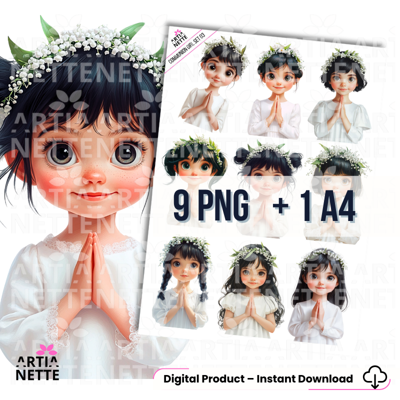 Zestaw grafik Communion Girl – Set 03, dziewczynki komunijne w modlitwie, ilustracje PNG na przezroczystym tle, arkusz A4 i pojedyncze postacie