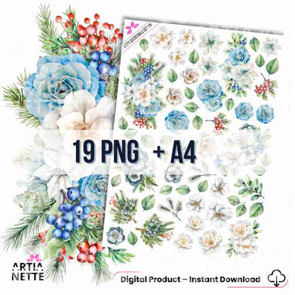 19 Clipartów PNG "Cozy Christmas Set 08". Akwarelowe, zimowe kwiaty, niebieskie róże, czerwone jagody i gałązki igliwia. Zestaw zawiera gotowy arkusz A4.