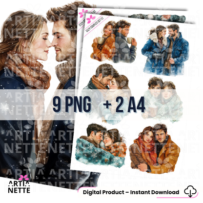 9 Clipartów PNG + 2 A4 "Cozy Couples Set 02". Akwarelowe portrety par w zimowych strojach, pijących gorącą czekoladę i przytulających się. Zestaw idealny do kartek.