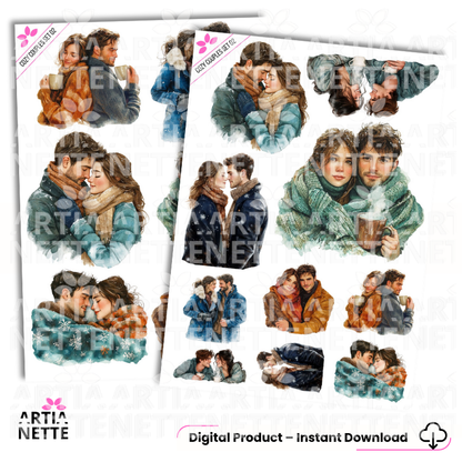 9 Clipartów PNG + 2 A4 "Cozy Couples Set 02". Akwarelowe portrety par w zimowych strojach, pijących gorącą czekoladę i przytulających się. Zestaw idealny do kartek.