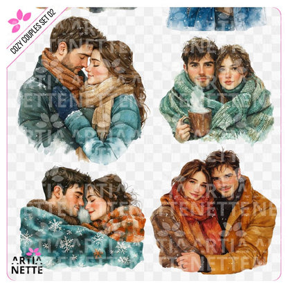 9 Clipartów PNG + 2 A4 "Cozy Couples Set 02". Akwarelowe portrety par w zimowych strojach, pijących gorącą czekoladę i przytulających się. Zestaw idealny do kartek.