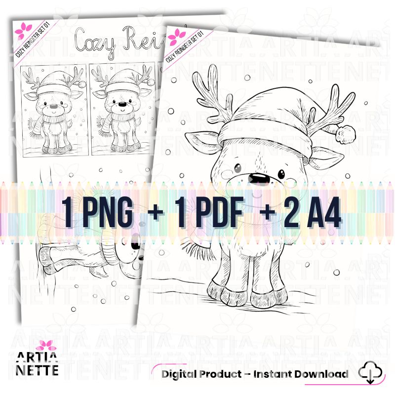 1 PNG + 2 A4 "Cozy Reindeer Set 01". Grafiki liniowe (konturowe) uroczego renifera w czapce Mikołaja do kolorowania. Zestaw Black & White.