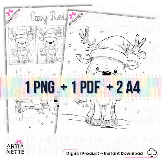 1 PNG + 2 A4 "Cozy Reindeer Set 01". Grafiki liniowe (konturowe) uroczego renifera w czapce Mikołaja do kolorowania. Zestaw Black & White.