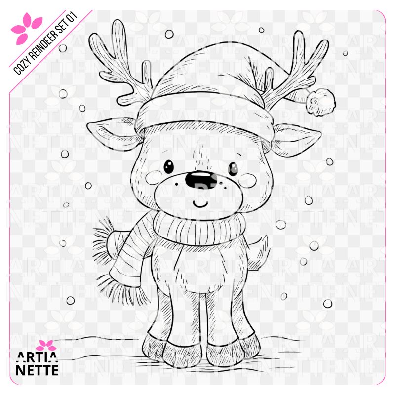 1 PNG + 2 A4 "Cozy Reindeer Set 01". Grafiki liniowe (konturowe) uroczego renifera w czapce Mikołaja do kolorowania. Zestaw Black & White.