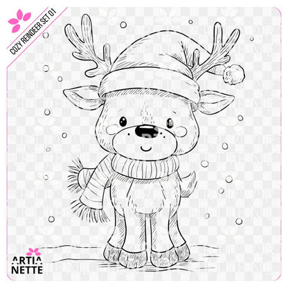 1 PNG + 2 A4 "Cozy Reindeer Set 01". Grafiki liniowe (konturowe) uroczego renifera w czapce Mikołaja do kolorowania. Zestaw Black & White.