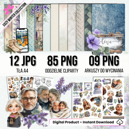 Cozy Winter Collection. Zestaw 85 clipartów PNG, 12 teł JPG i 9 arkuszy do wycinania. Akwarelowe portrety par, dzieci, lawenda i zimowe akcesoria w błękitno-fioletowej kolorystyce.