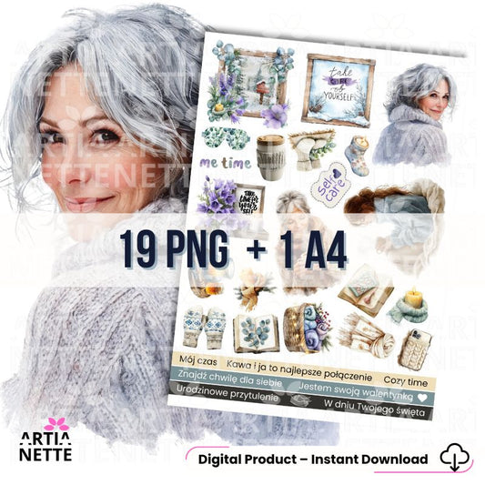 19 Clipartów PNG + 1 A4 "Cozy Winter Set 01". Akwarelowa kolekcja self-care z portretem kobiety w swetrze, lawendą, kubkami i napisami "Mój czas" oraz "Self-care".